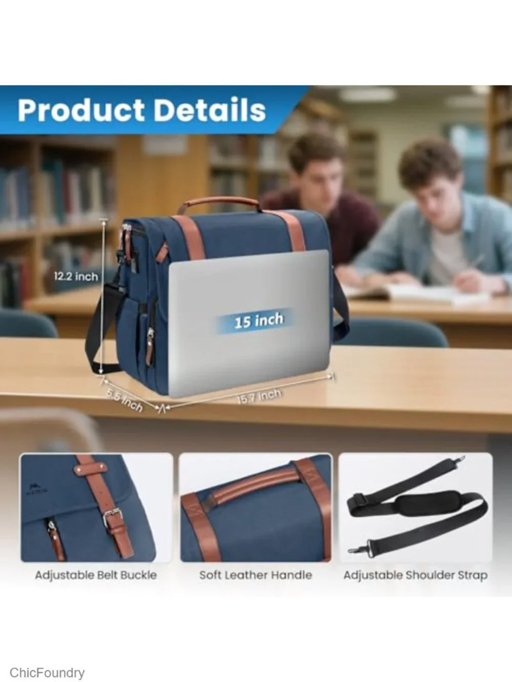 Laptop Briefcase Messenger Bag with USB Charging Port, Polyester